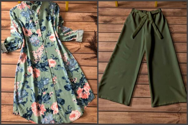 147 kurti plazzo green bg big flower leaf